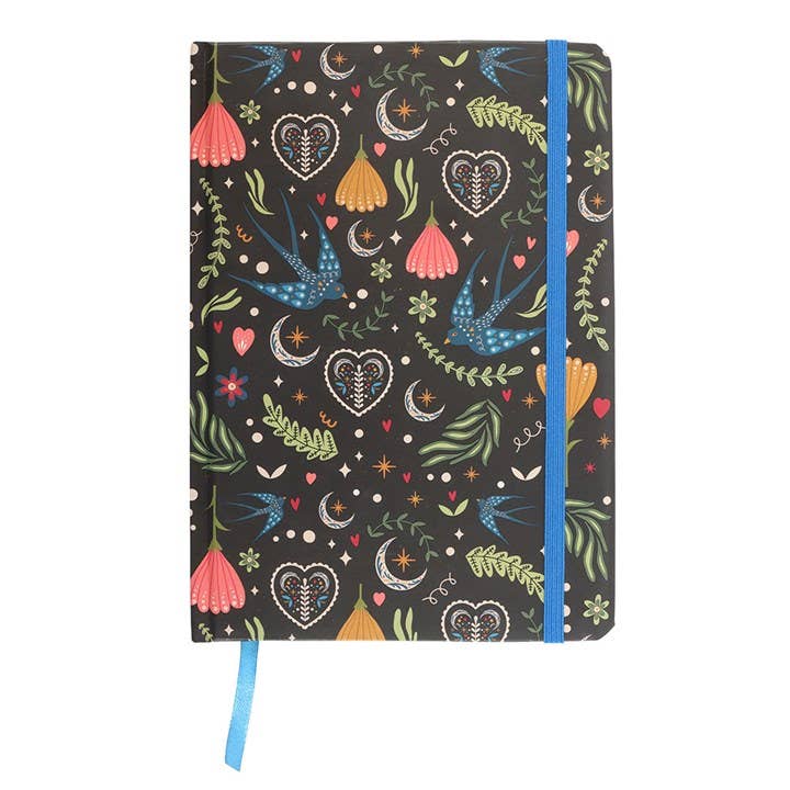 Midnight Bloom Folk Floral Print A5 Notebook