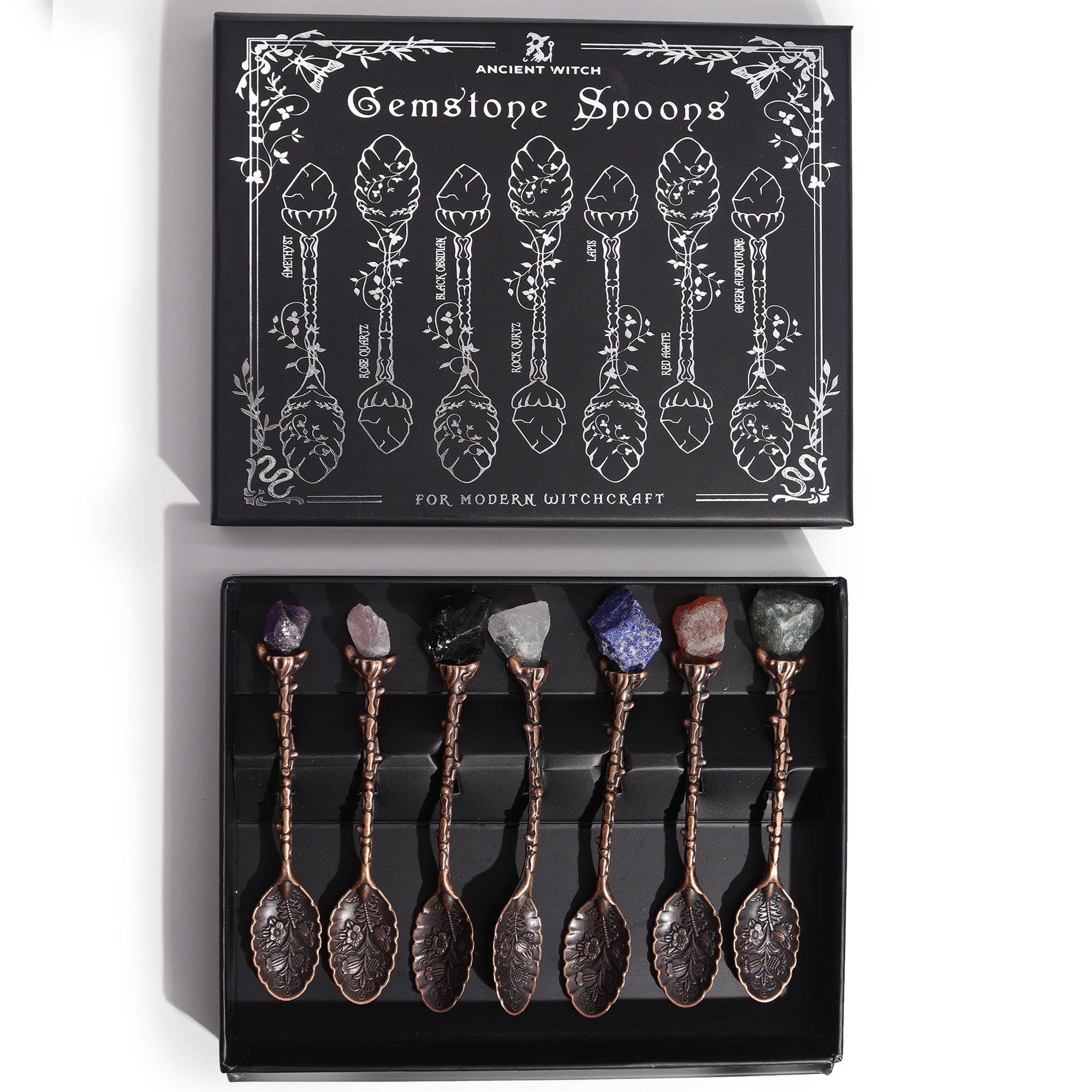 Set of 7 Bronze Gemstone Crystal Witch Spoons