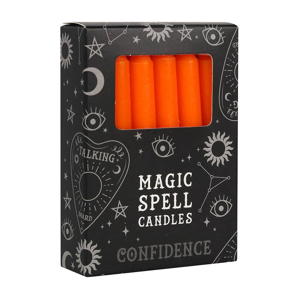 Box of 'Magic Spell Candles' labeled 'Confidence' with orange candles inside on a white background.