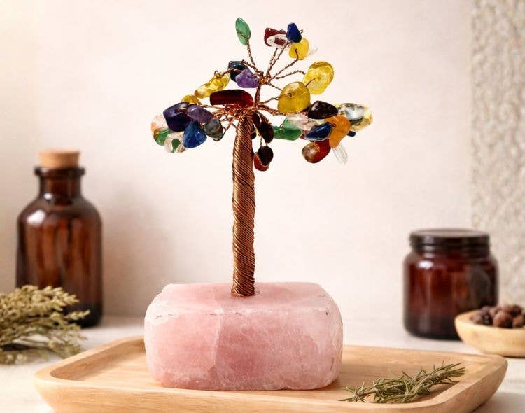 Chakra Chips on Rose Quartz Gem Tree
