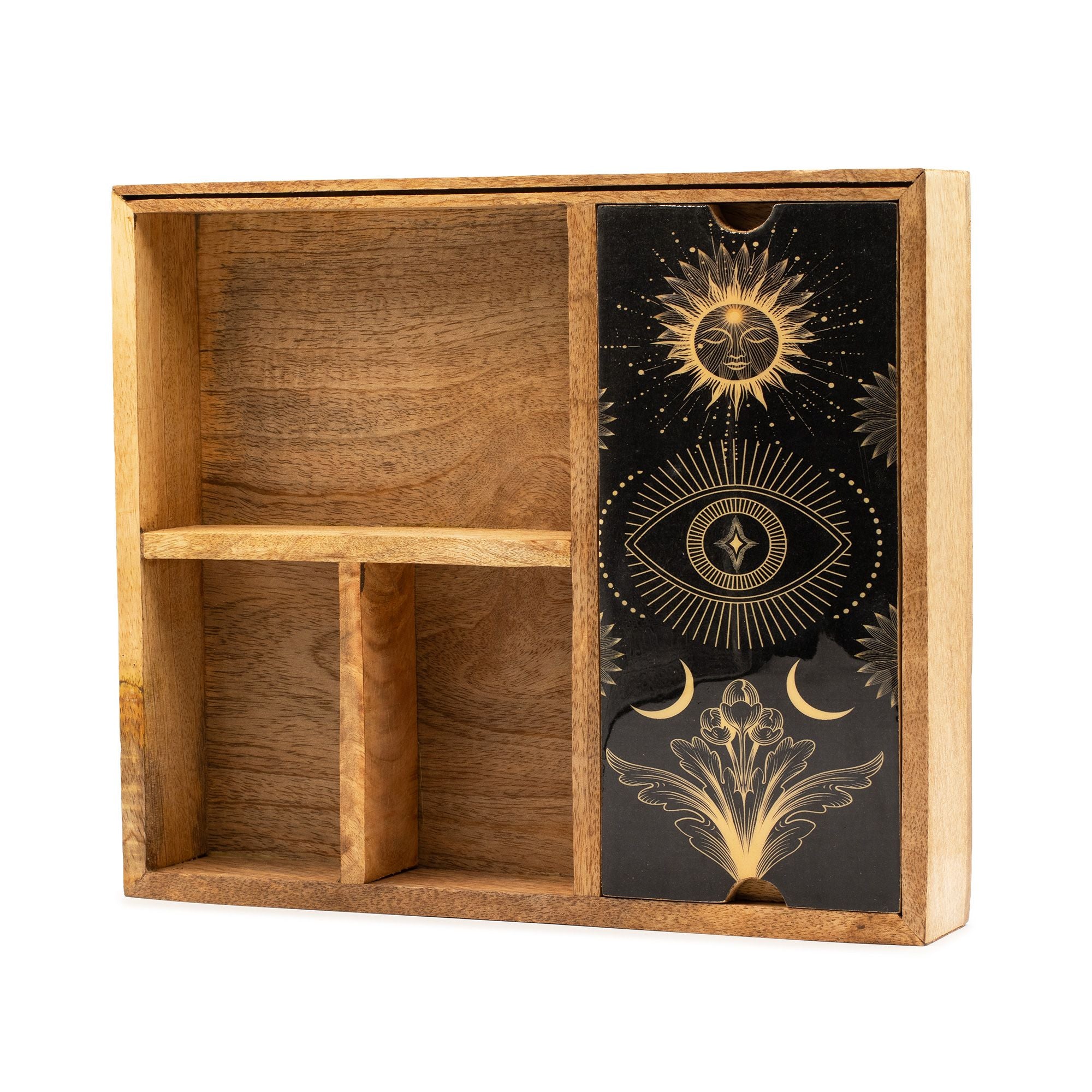 Four Section Mango Wood Tarot Box with Card Holder