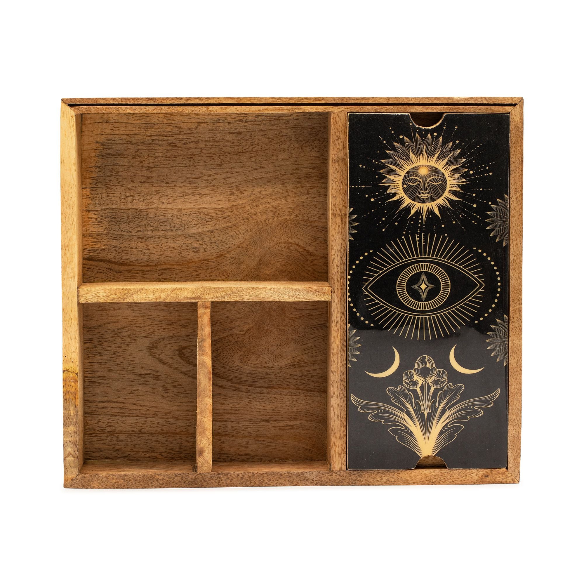 Four Section Mango Wood Tarot Box with Card Holder