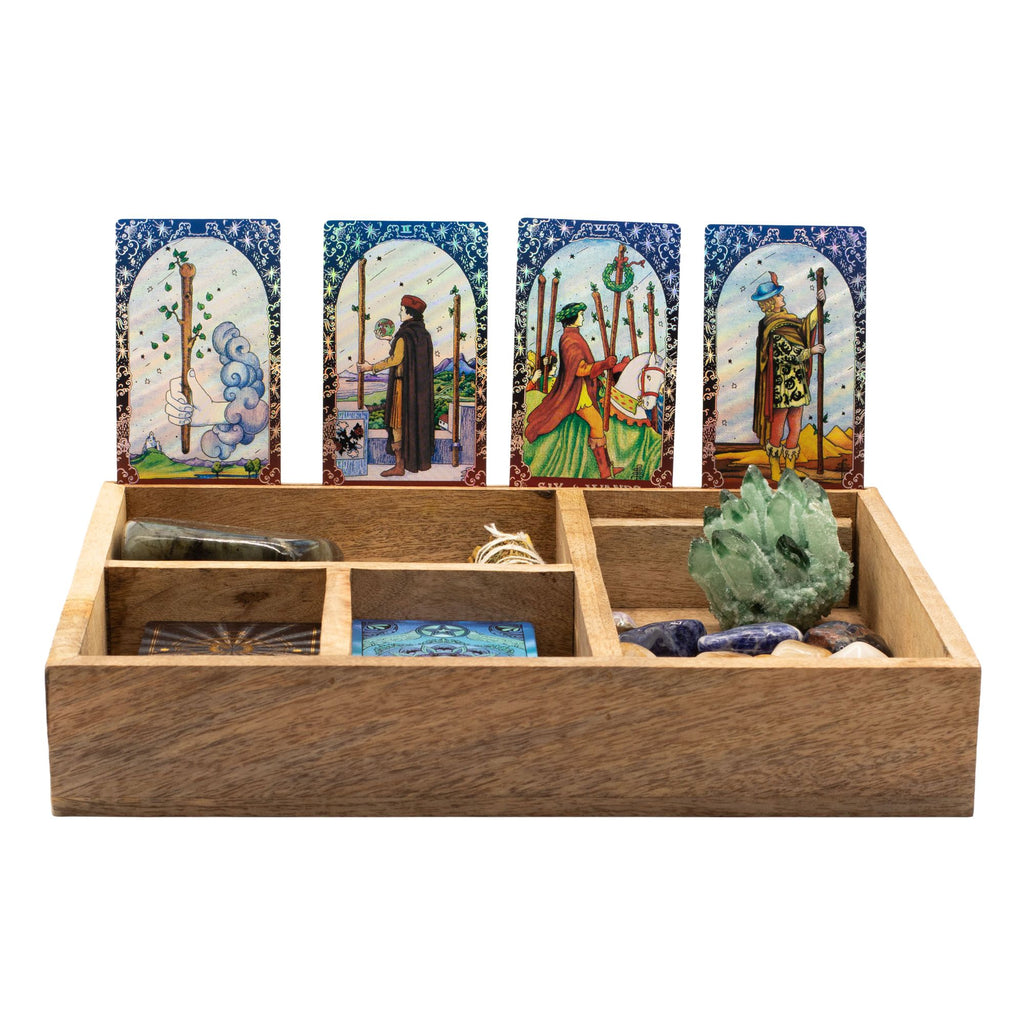 Four Section Mango Wood Tarot Box with Card Holder