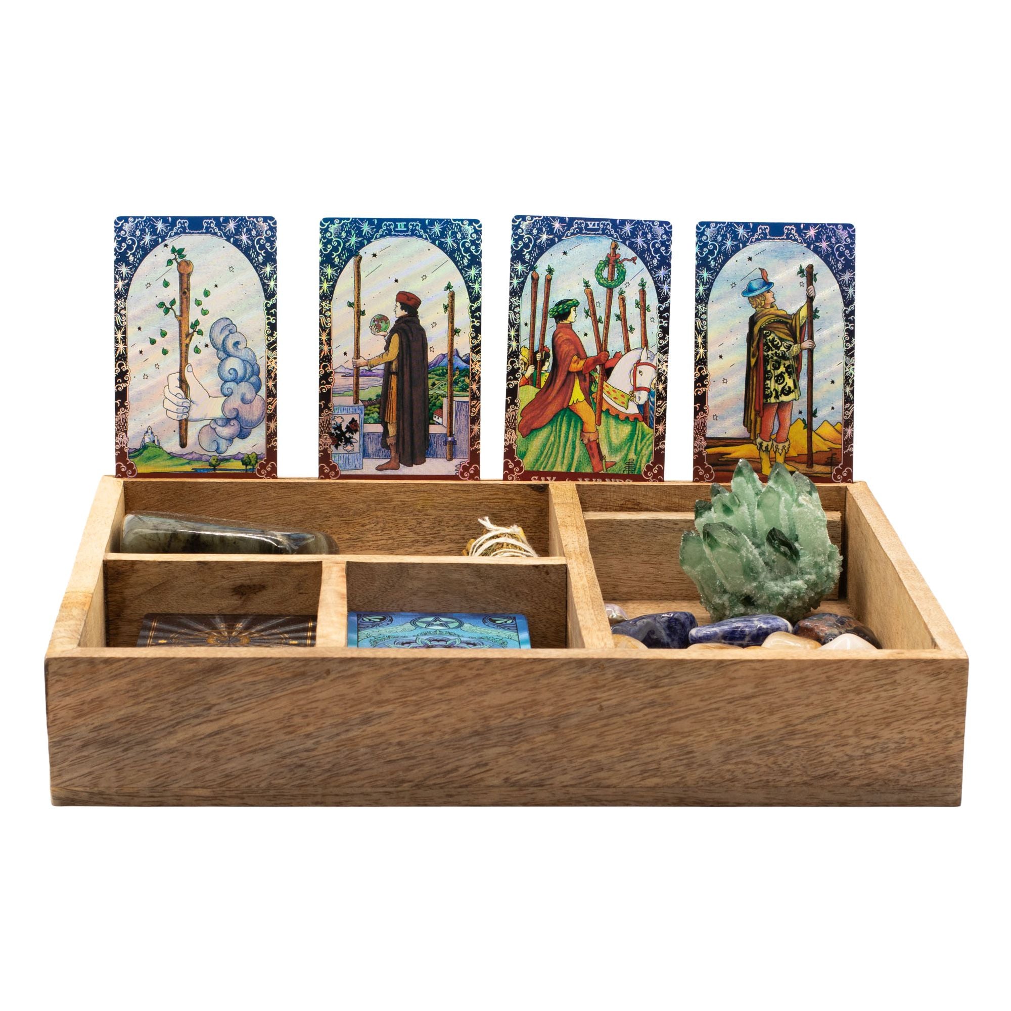 Four Section Mango Wood Tarot Box with Card Holder