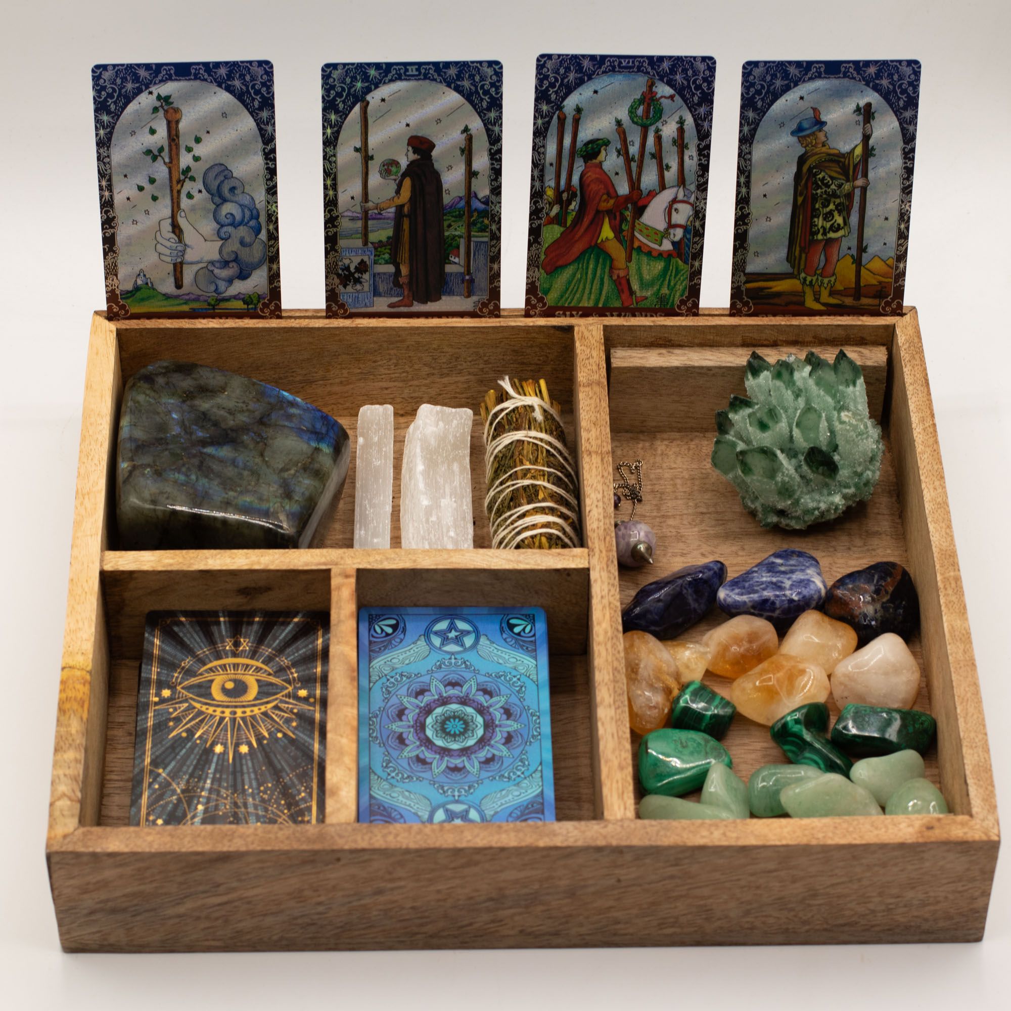 Four Section Mango Wood Tarot Box with Card Holder