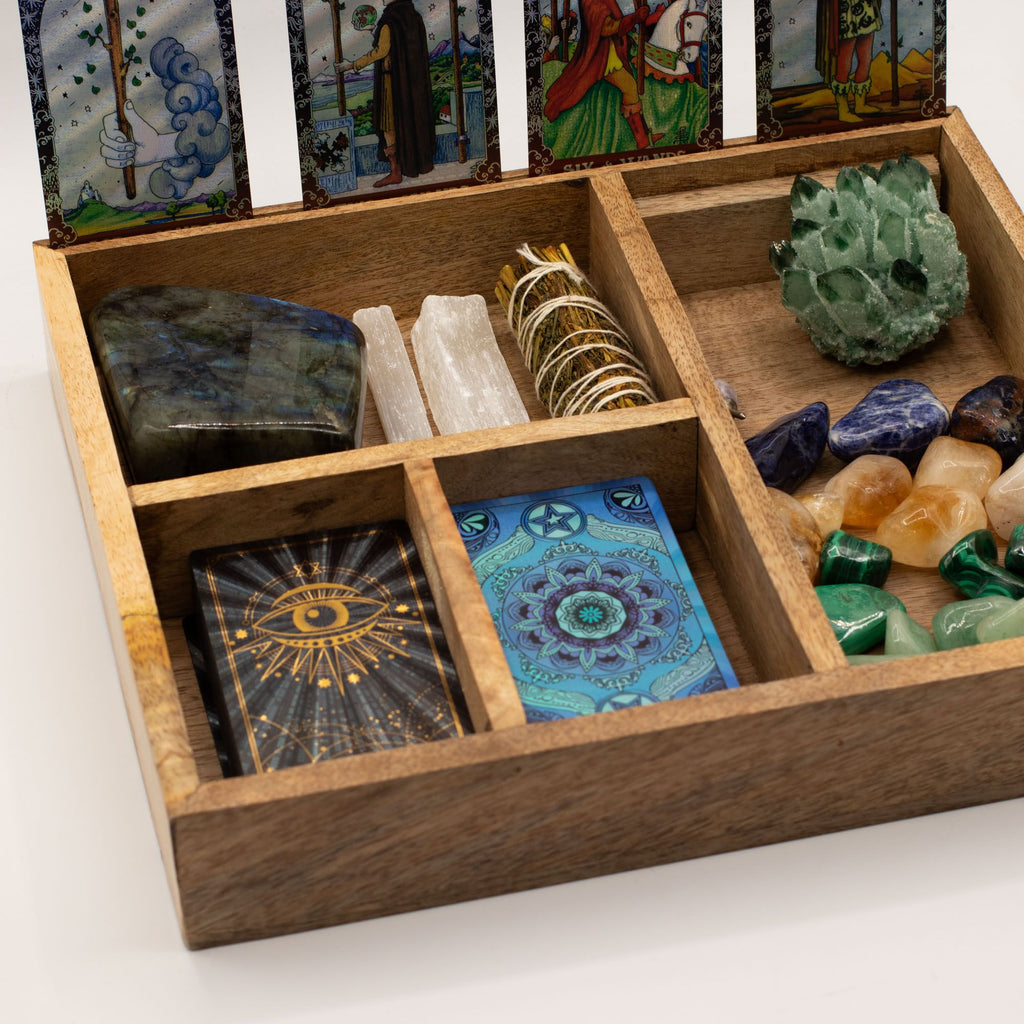 Four Section Mango Wood Tarot Box with Card Holder