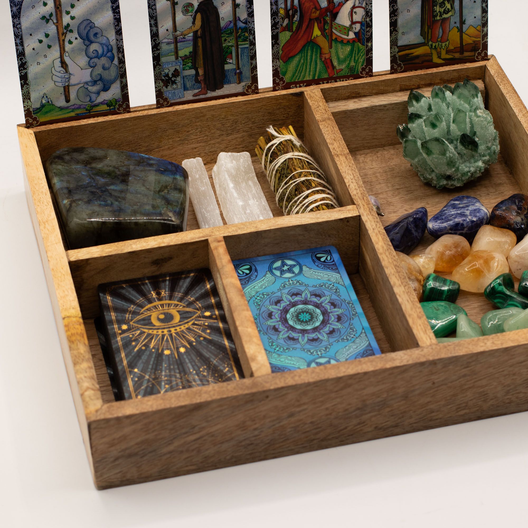 Four Section Mango Wood Tarot Box with Card Holder