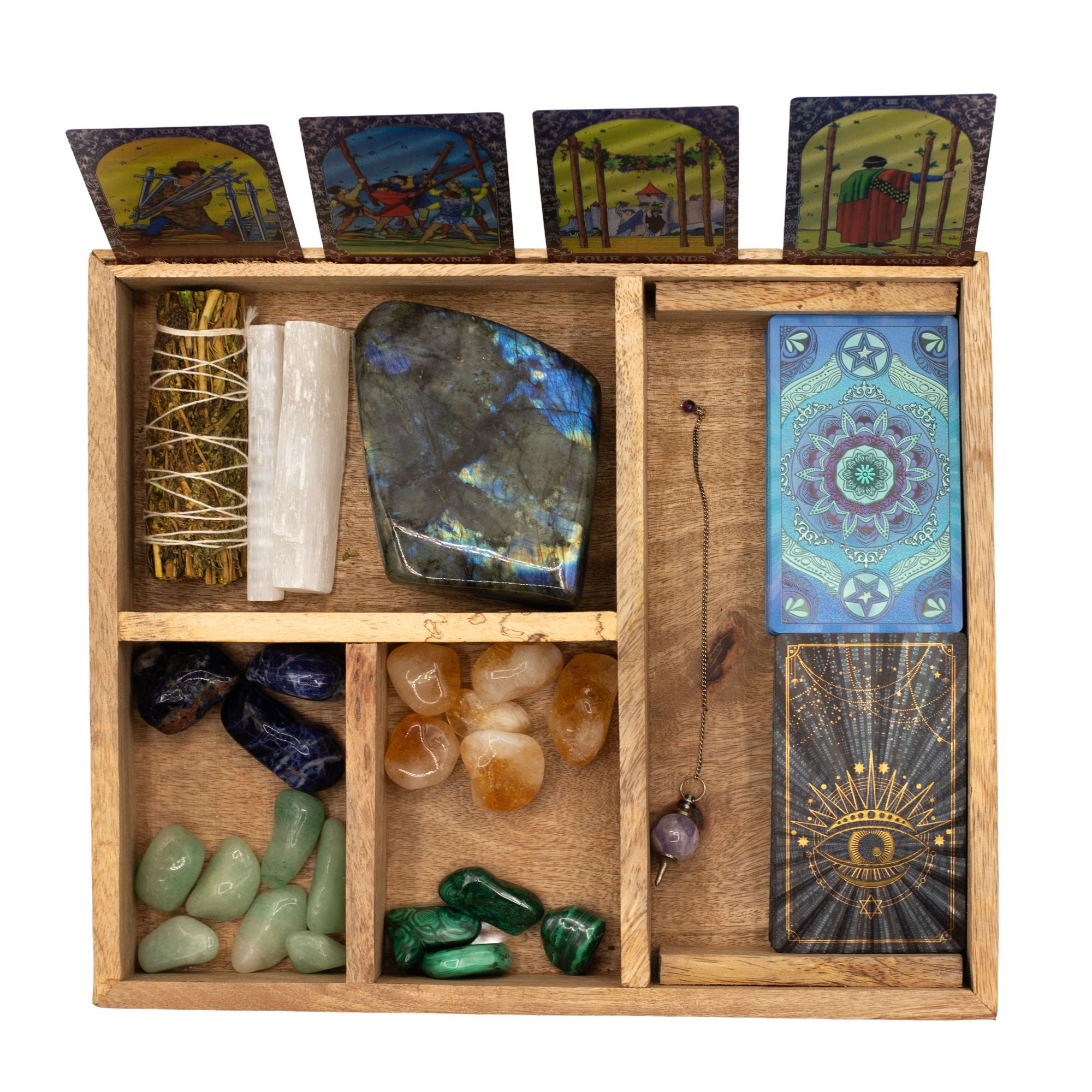 Four Section Mango Wood Tarot Box with Card Holder