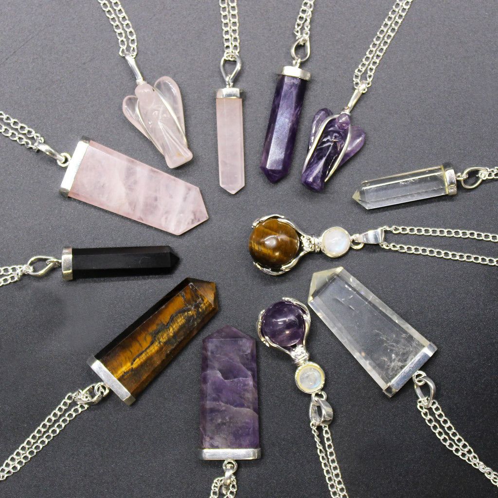 Black Agate Gemstone Flat Pencil Pendant Necklace