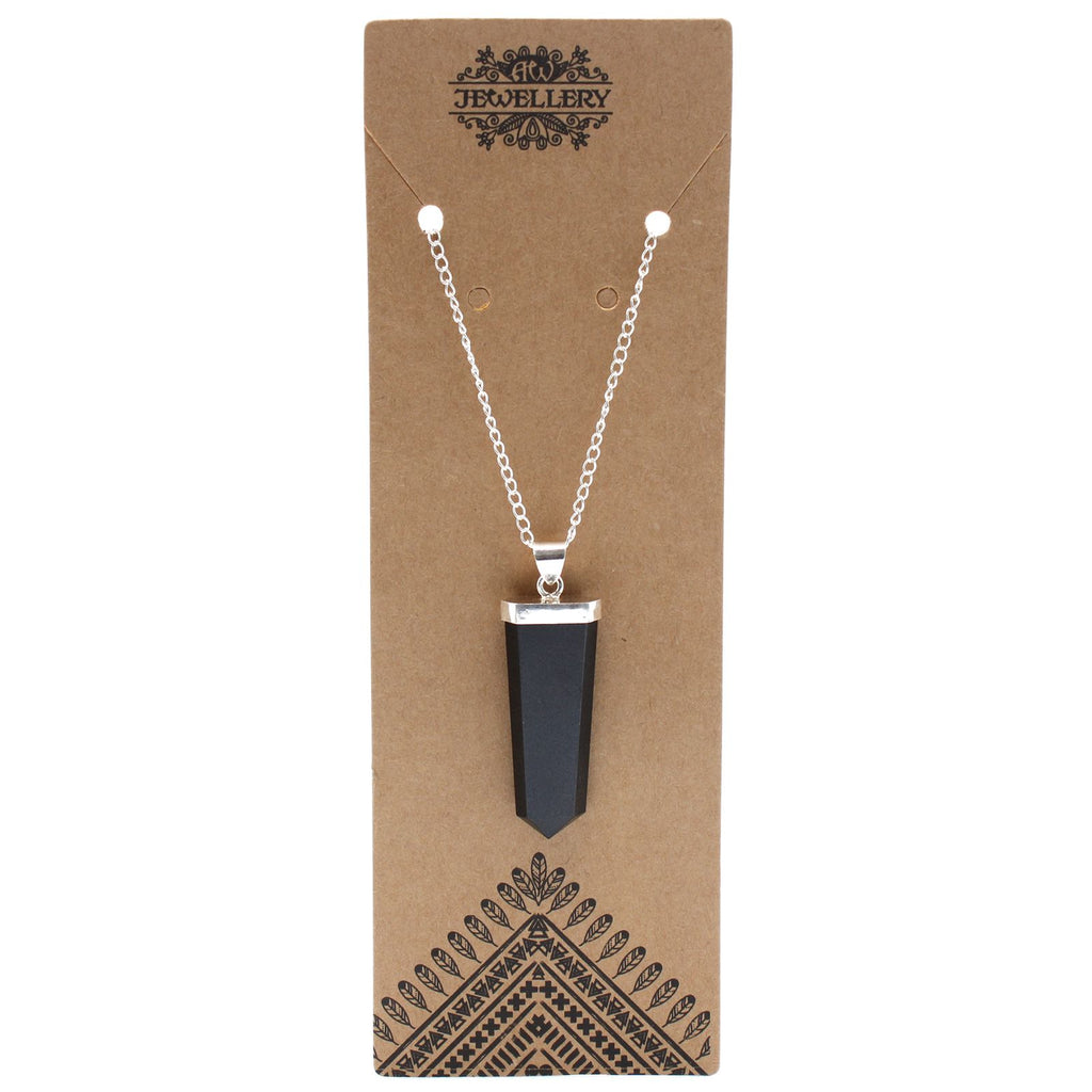 Black Agate Gemstone Flat Pencil Pendant Necklace