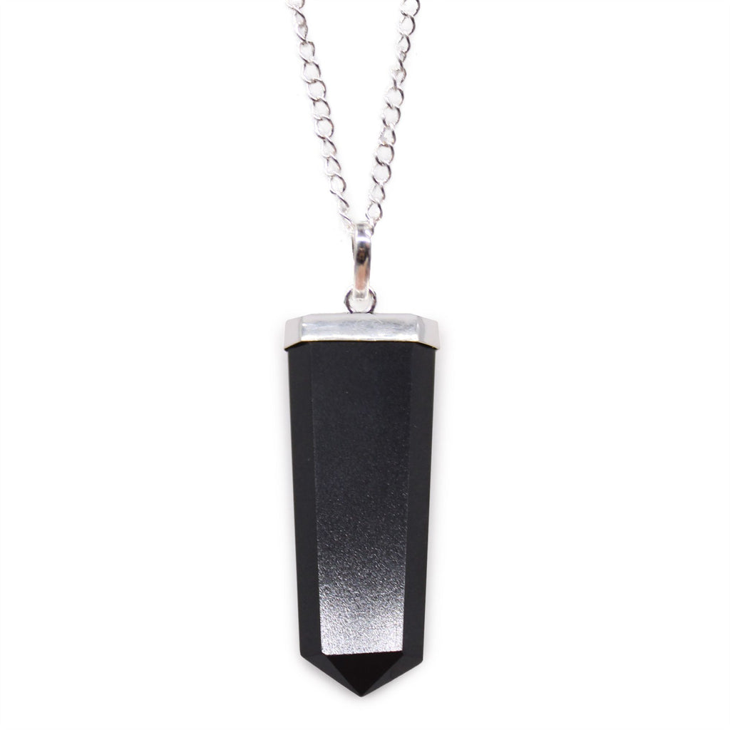 Black Agate Gemstone Flat Pencil Pendant Necklace