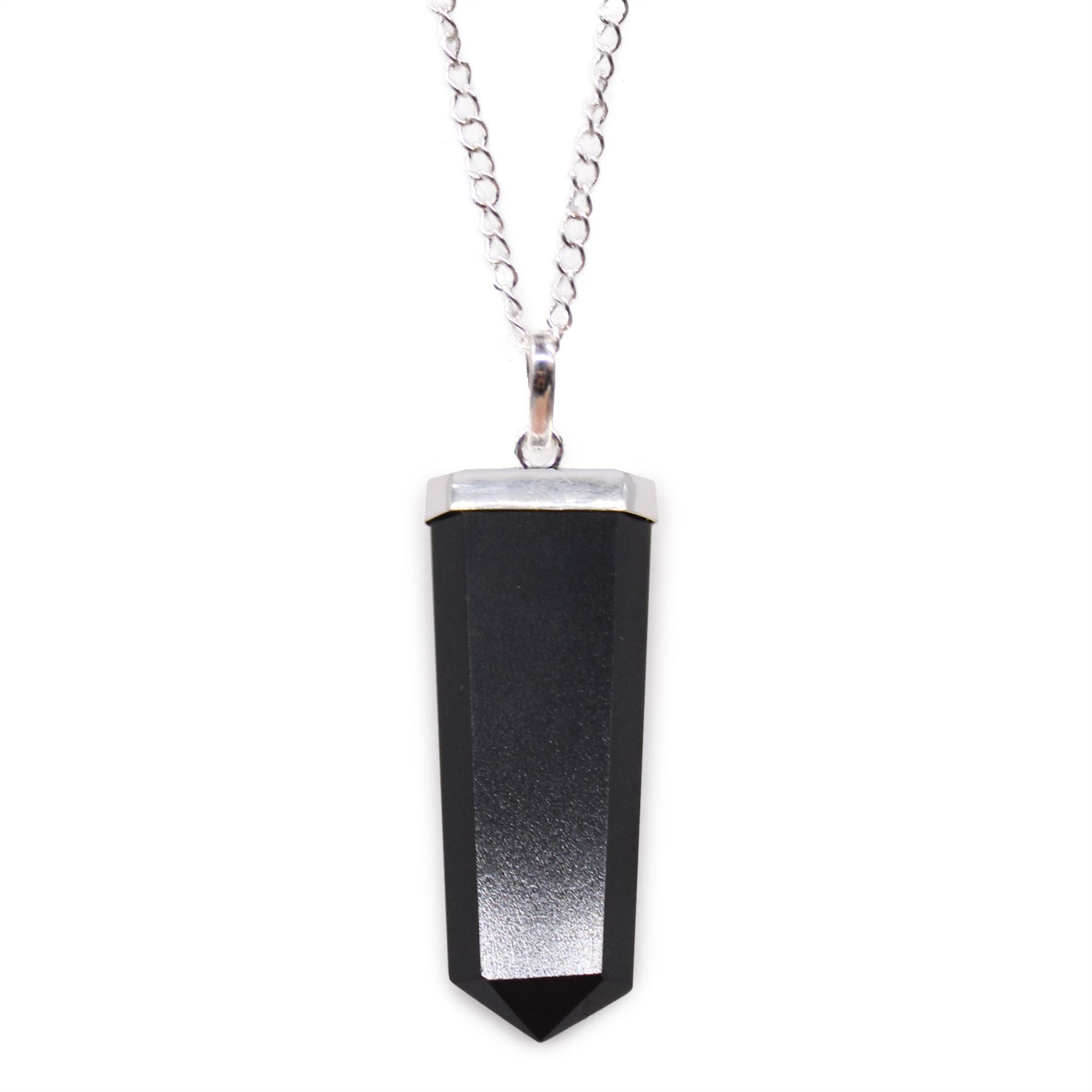 Black Agate Gemstone Flat Pencil Pendant Necklace