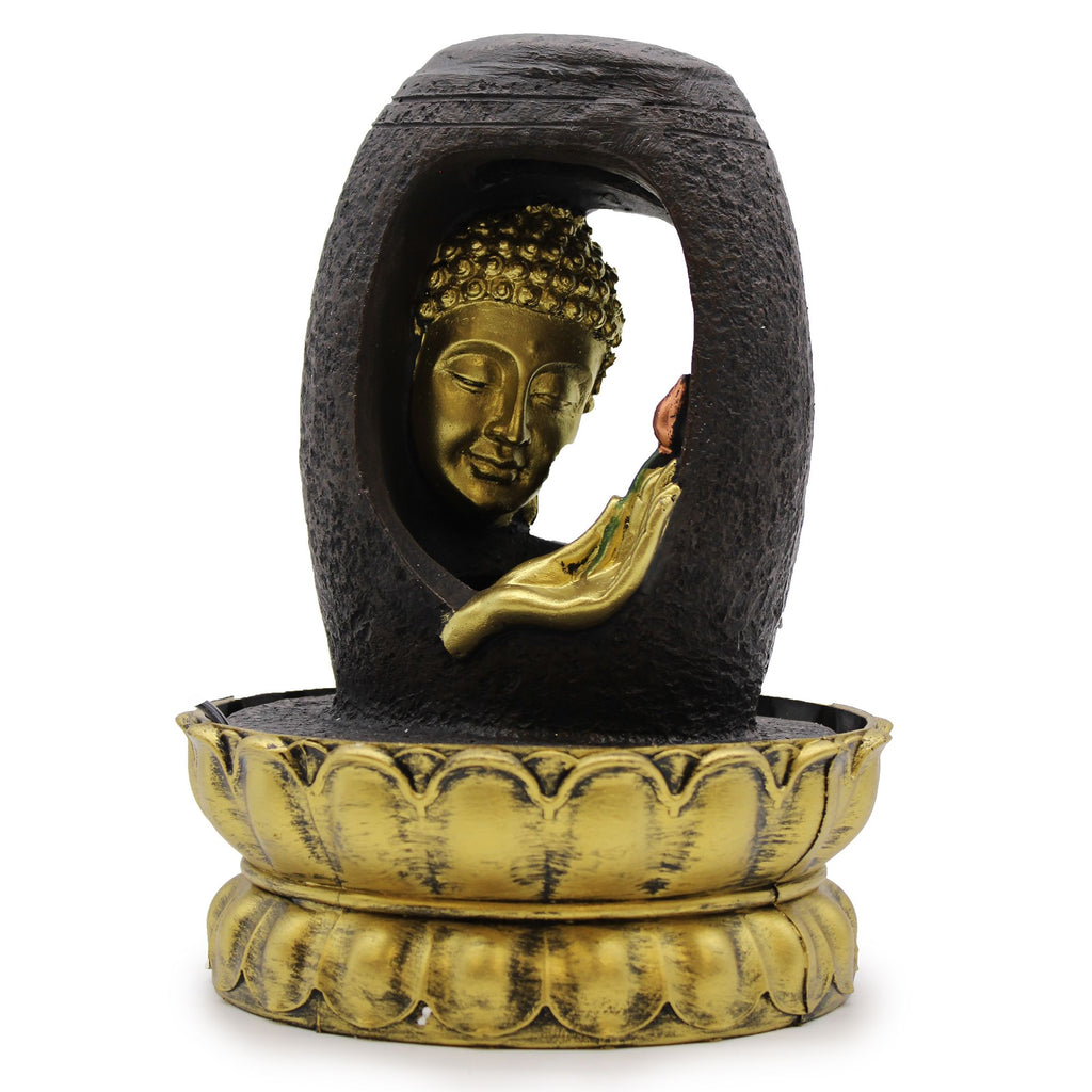 Golden Buddha Tabletop Water Feature | Vitarka Mudra | Indoor Zen Fountain | 30cm