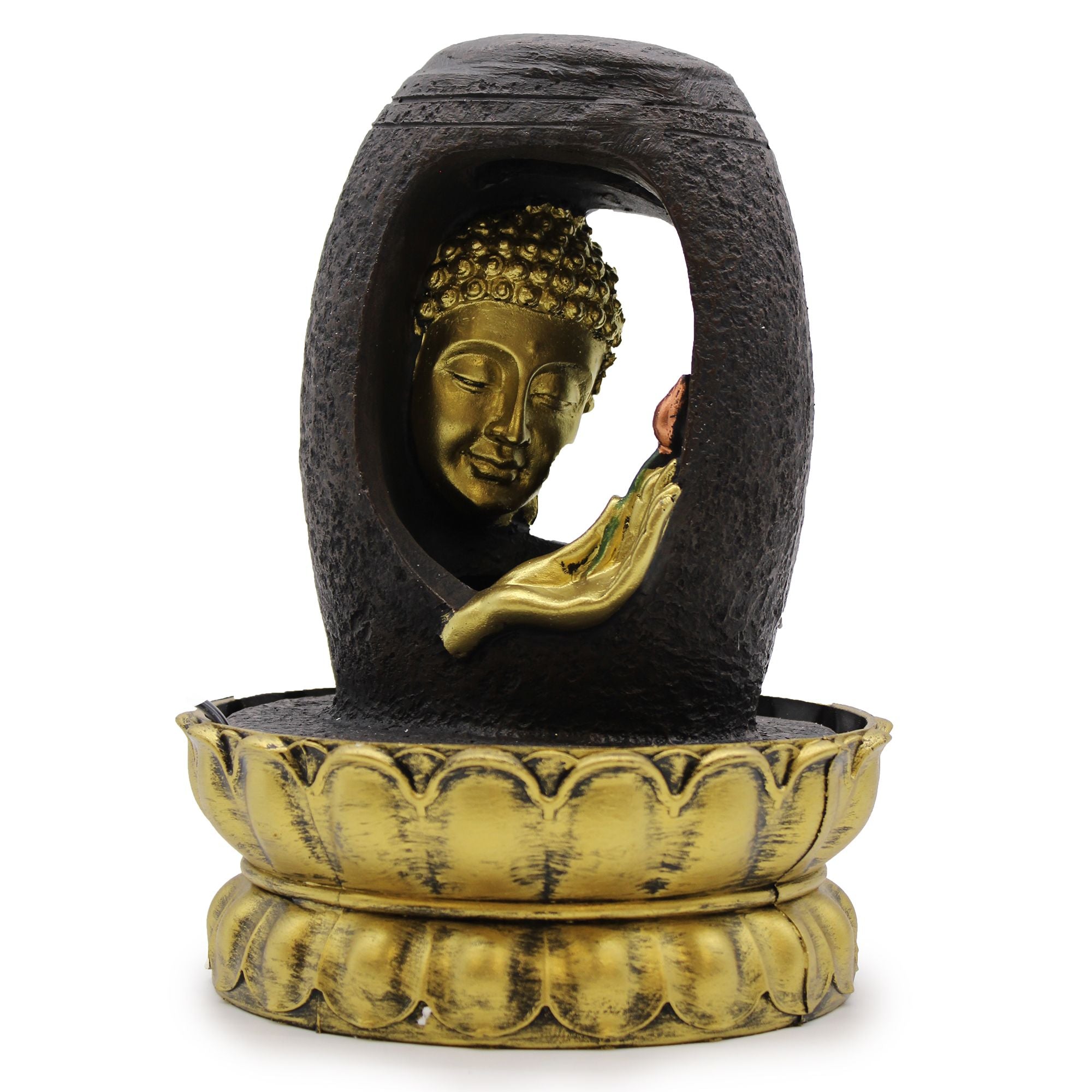 Golden Buddha Tabletop Water Feature | Vitarka Mudra | Indoor Zen Fountain | 30cm