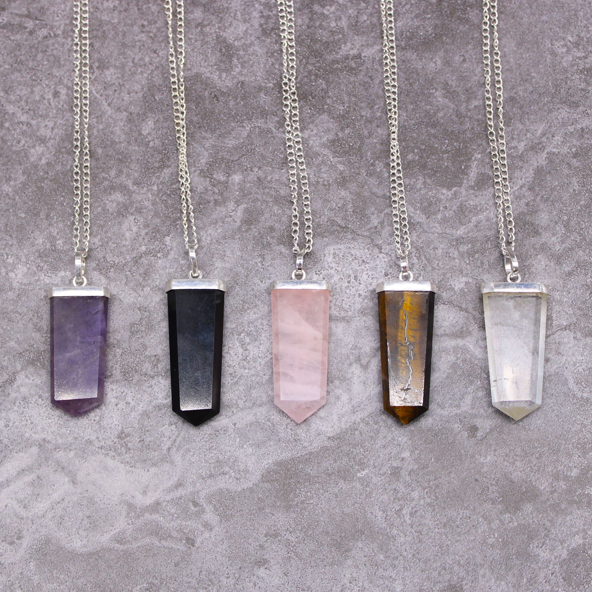 Black Agate Gemstone Flat Pencil Pendant Necklace