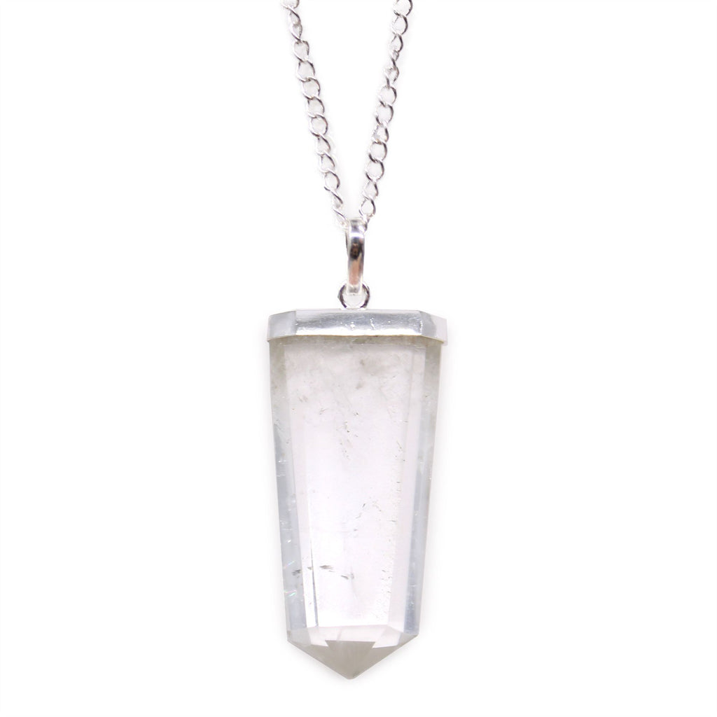 Rock Quartz Gemstone Flat Pencil Pendant Necklace
