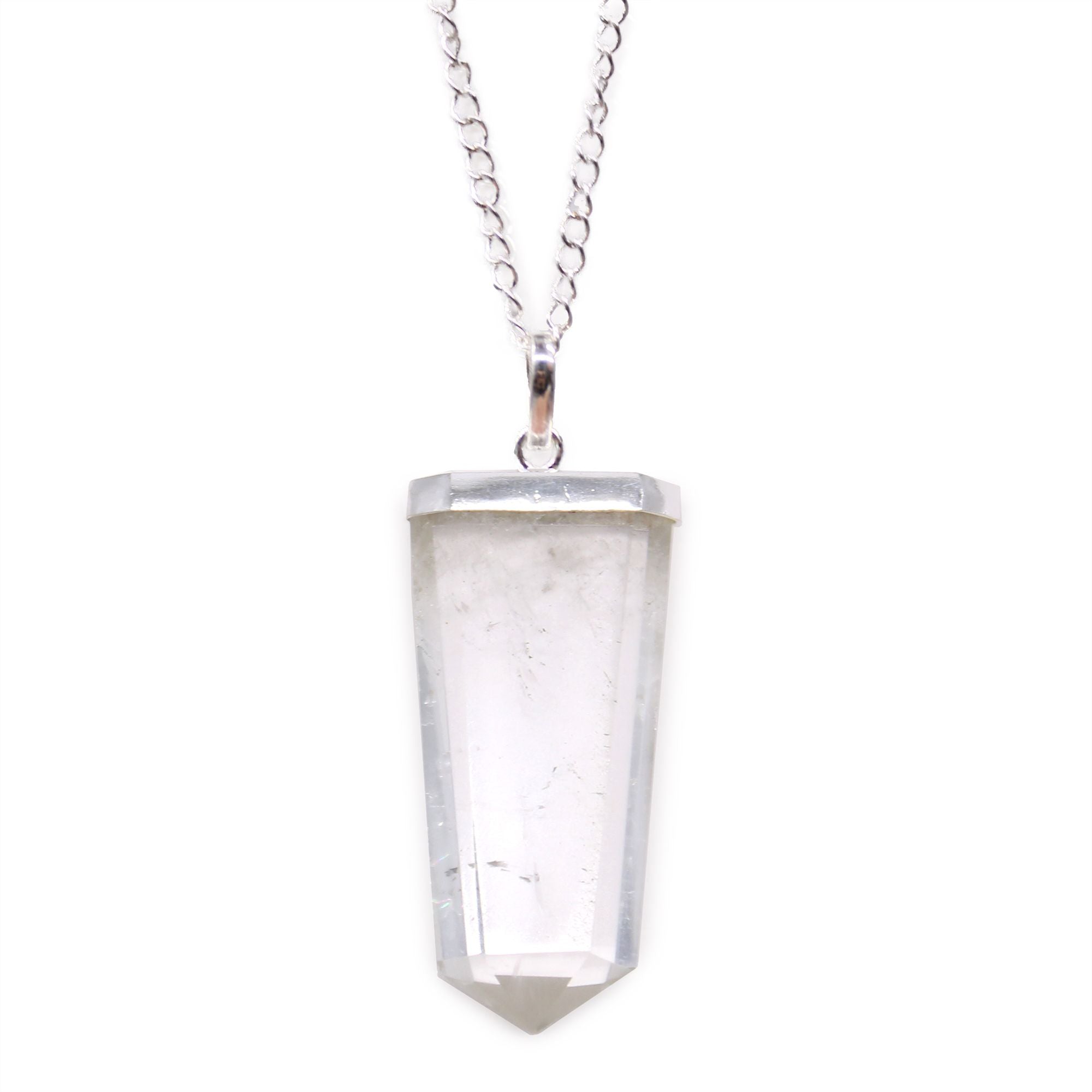 Rock Quartz Gemstone Flat Pencil Pendant Necklace