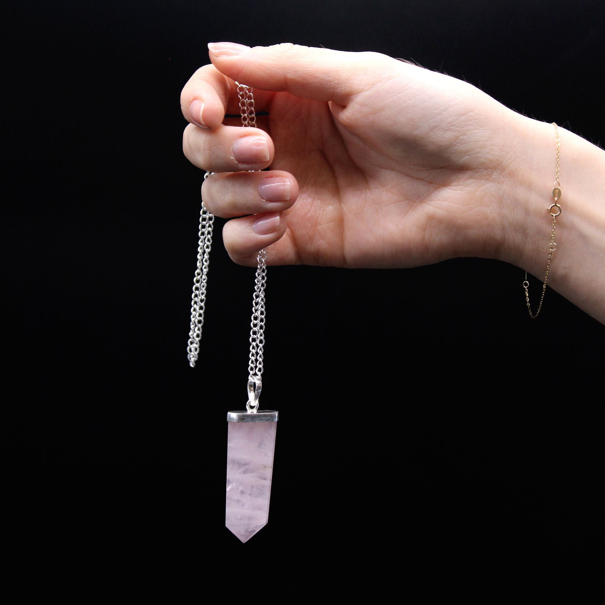 Rose Quartz Gemstone Flat Pencil Pendant Necklace