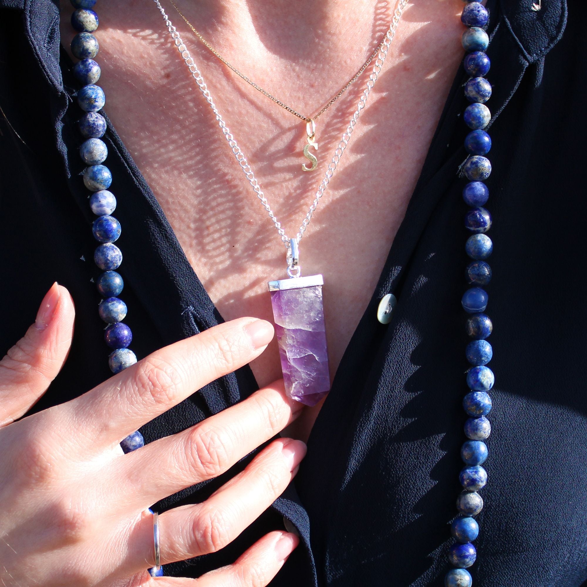 Rock Quartz Gemstone Flat Pencil Pendant Necklace
