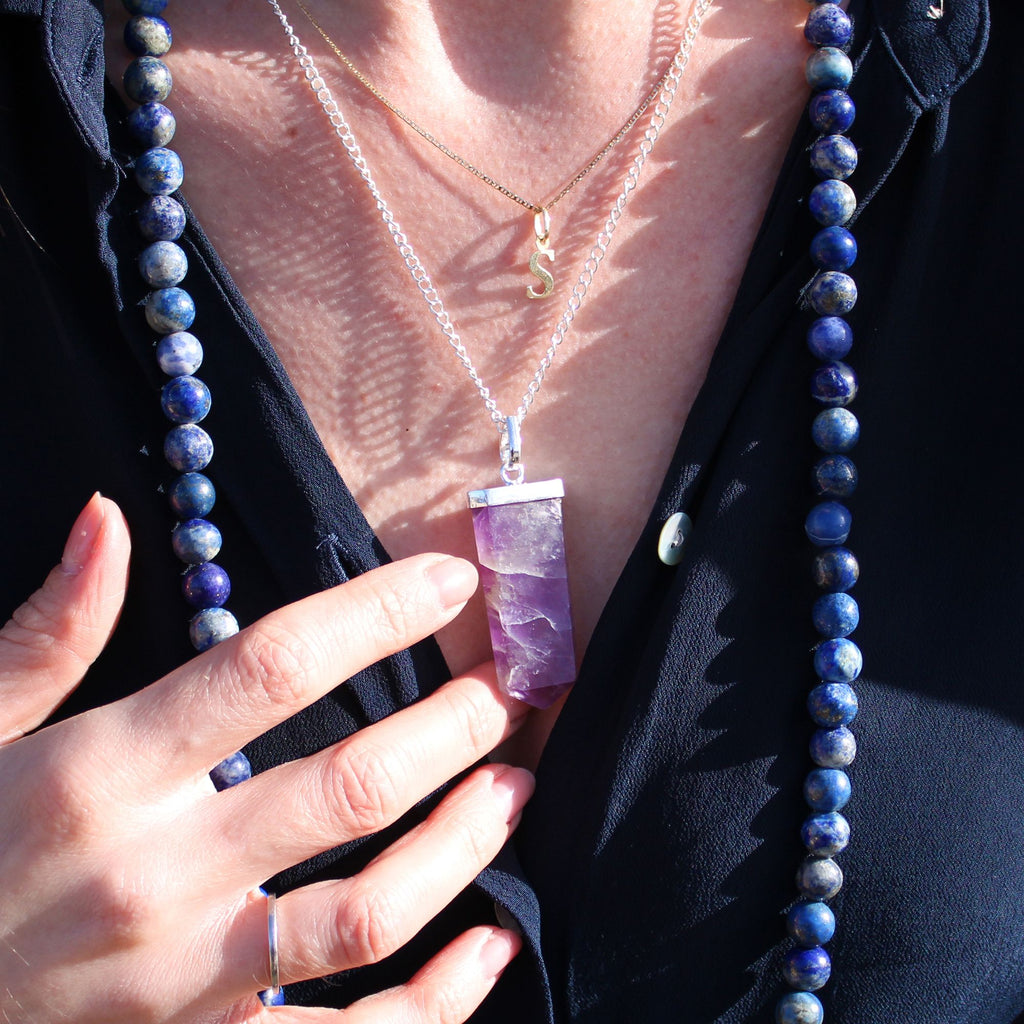 Amethyst Gemstone Flat Pencil Pendant Necklace