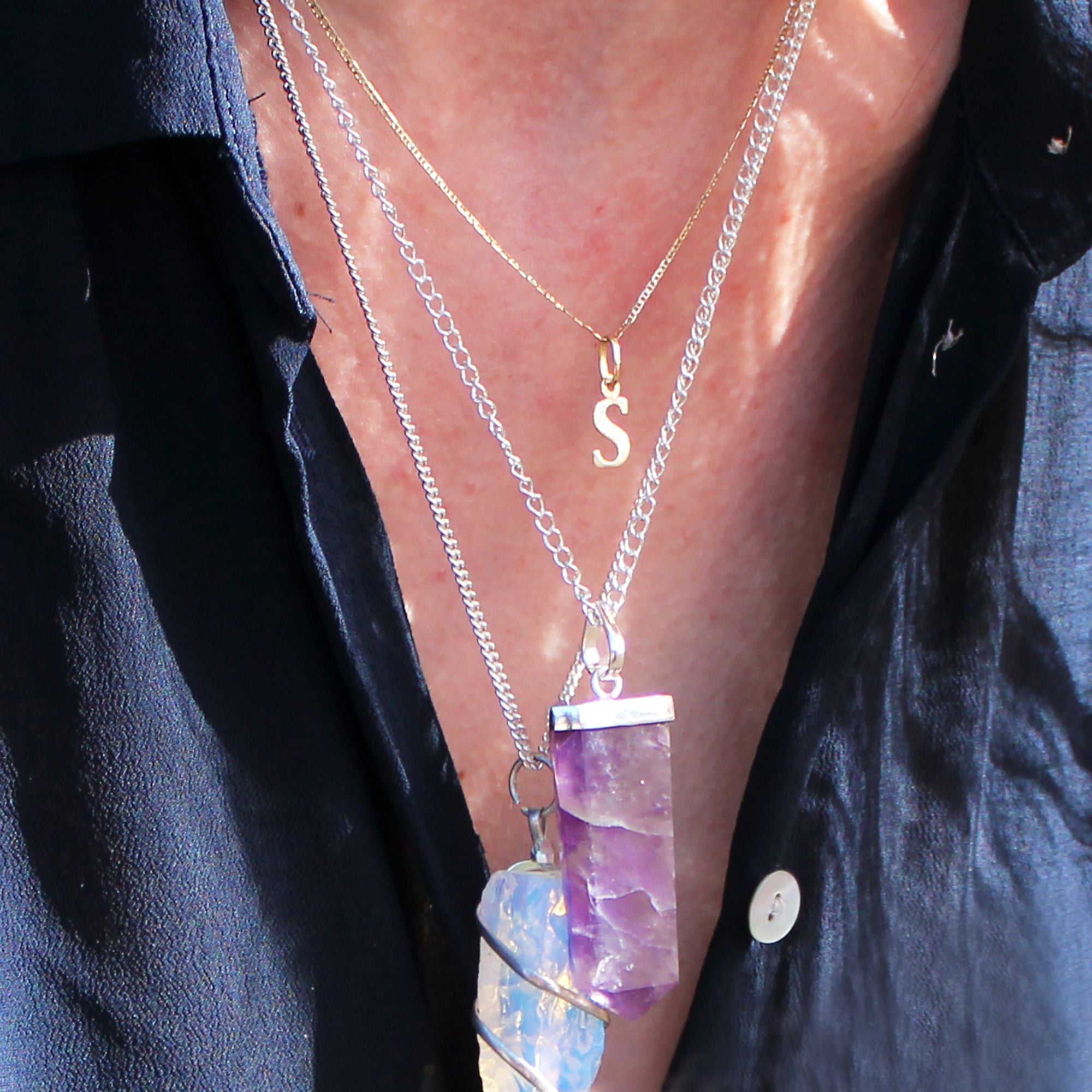 Rock Quartz Gemstone Flat Pencil Pendant Necklace