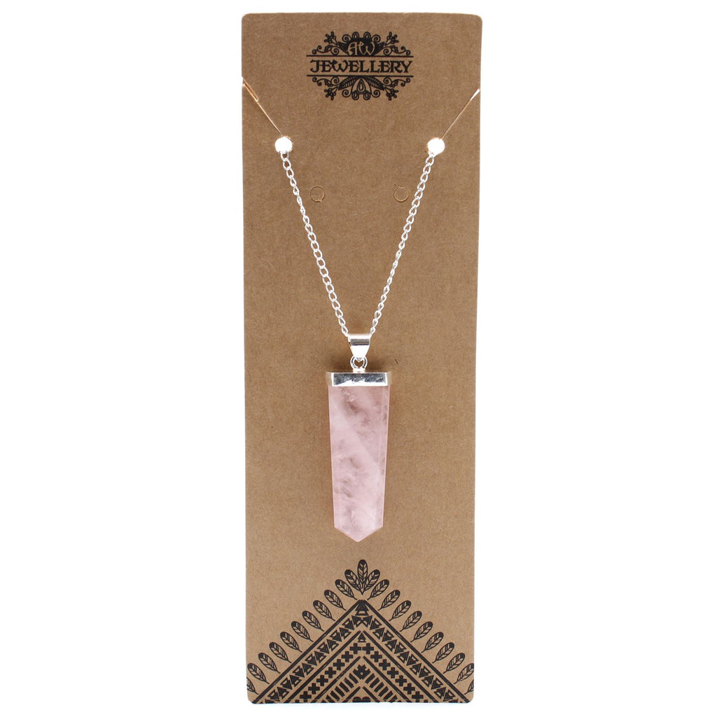 Rose Quartz Gemstone Flat Pencil Pendant Necklace