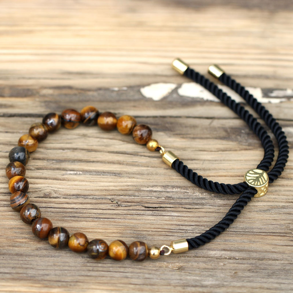 Tiger Eye Gold Plated Gemstone Black String Bracelet