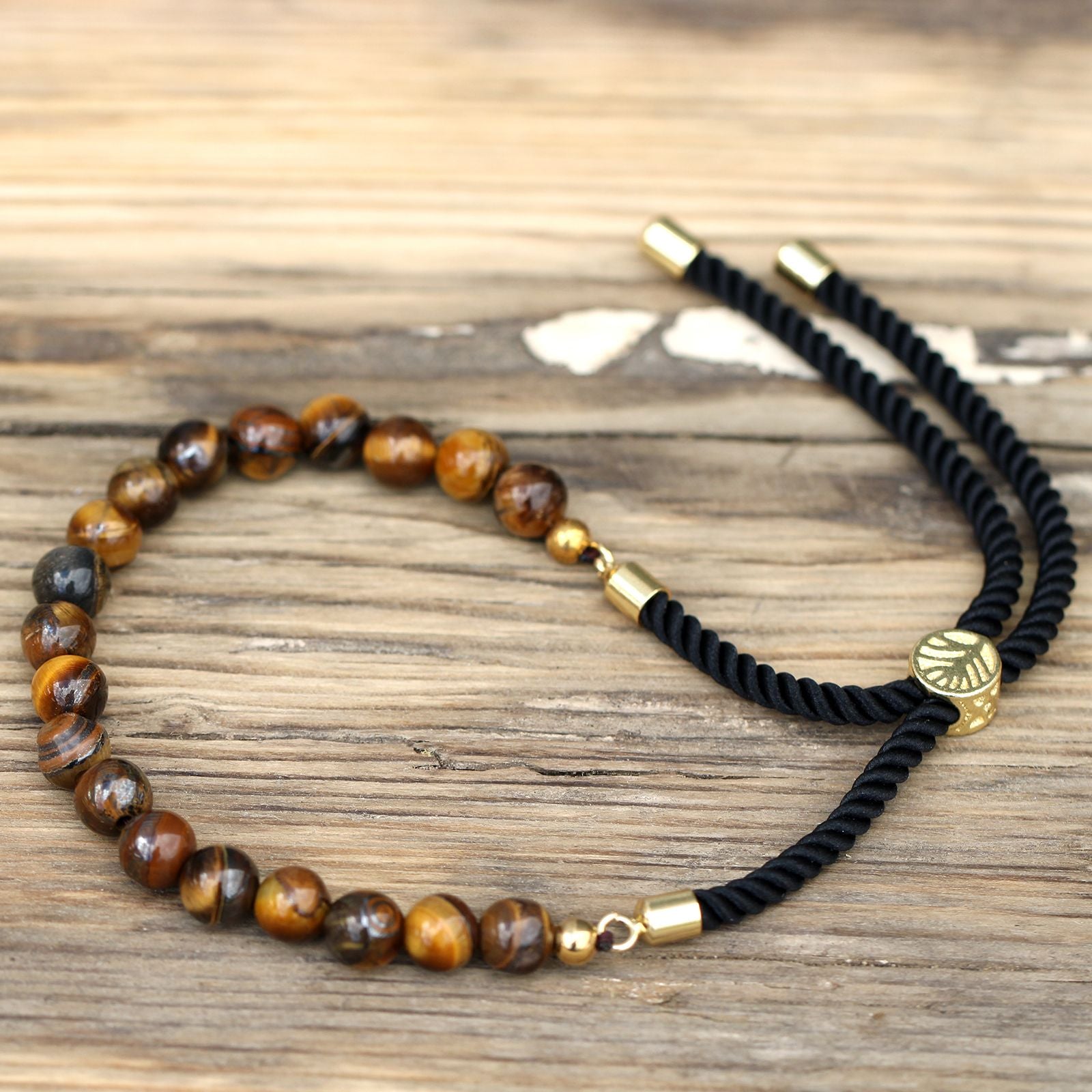 Tiger Eye Gold Plated Gemstone Black String Bracelet