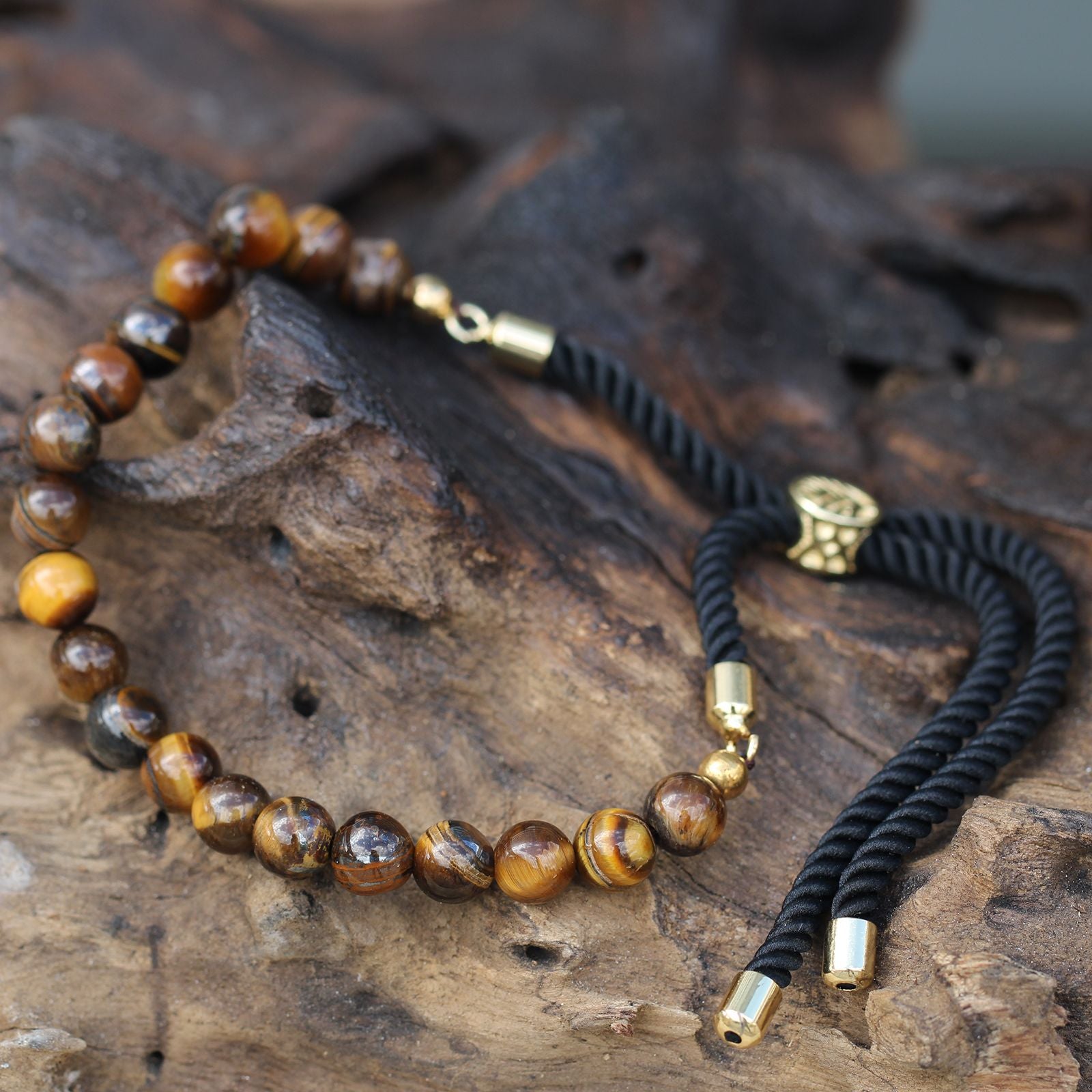 Tiger Eye Gold Plated Gemstone Black String Bracelet