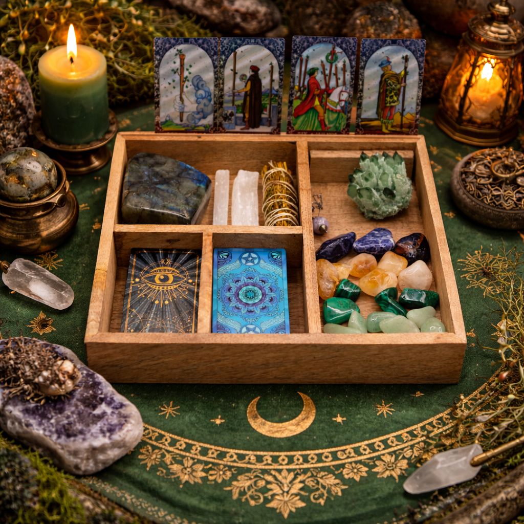 Four Section Mango Wood Tarot Box with Card Holder