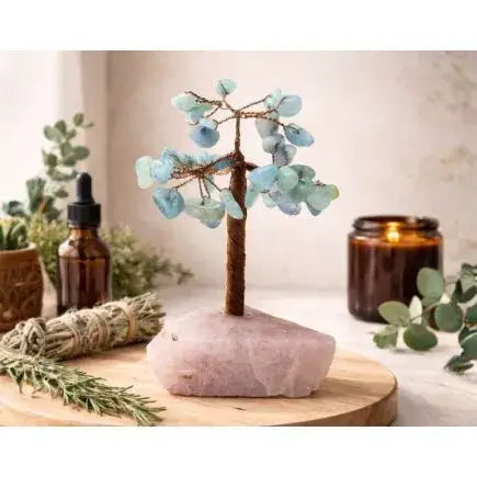 Aquamarine on Rose Quartz Crystal Gem Tree