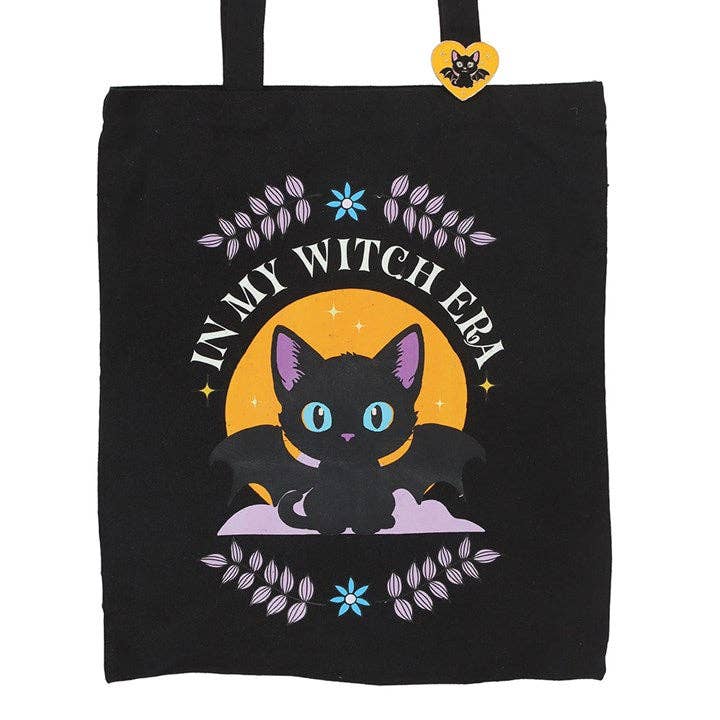 In My Witch Era Bat Cat Polycotton Tote Bag with Enamel Pin