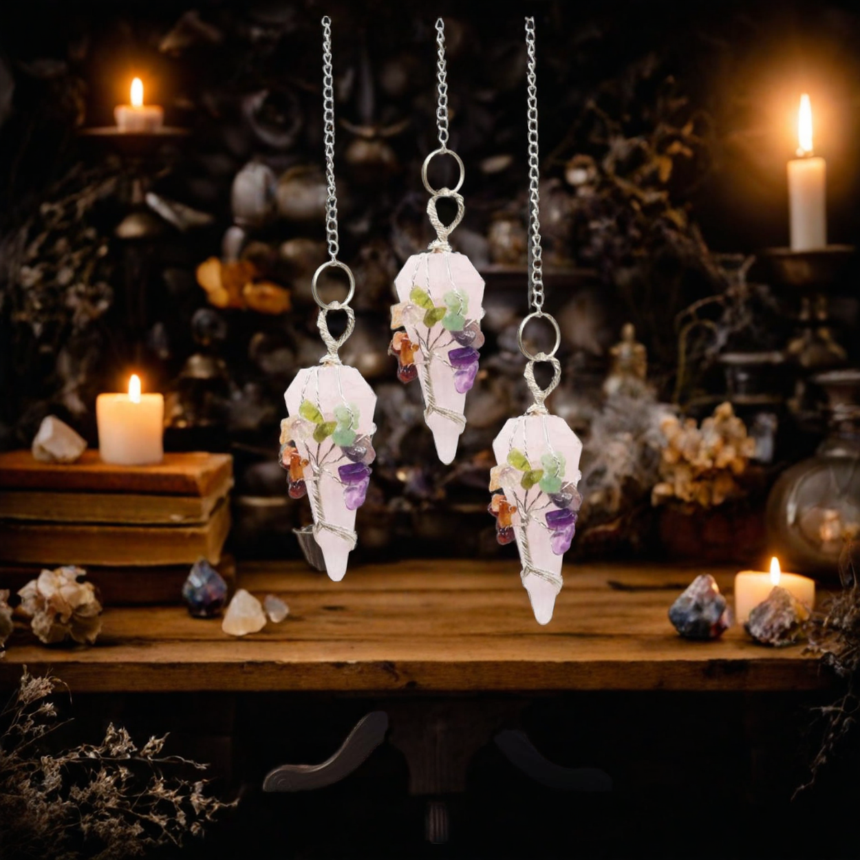 Seven Chakra Magic Pendulum - Rose Quartz